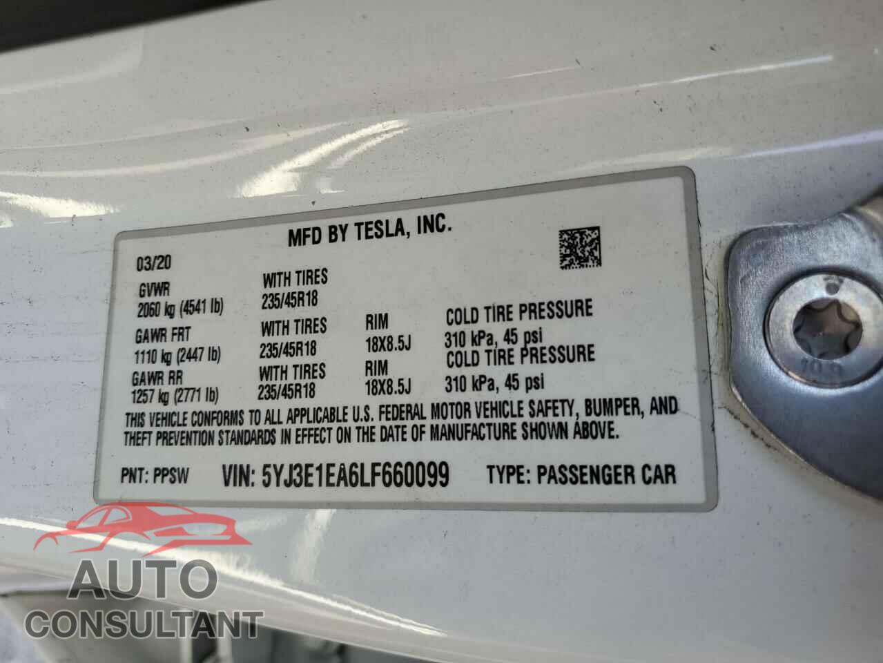 TESLA MODEL 3 2020 - 5YJ3E1EA6LF660099