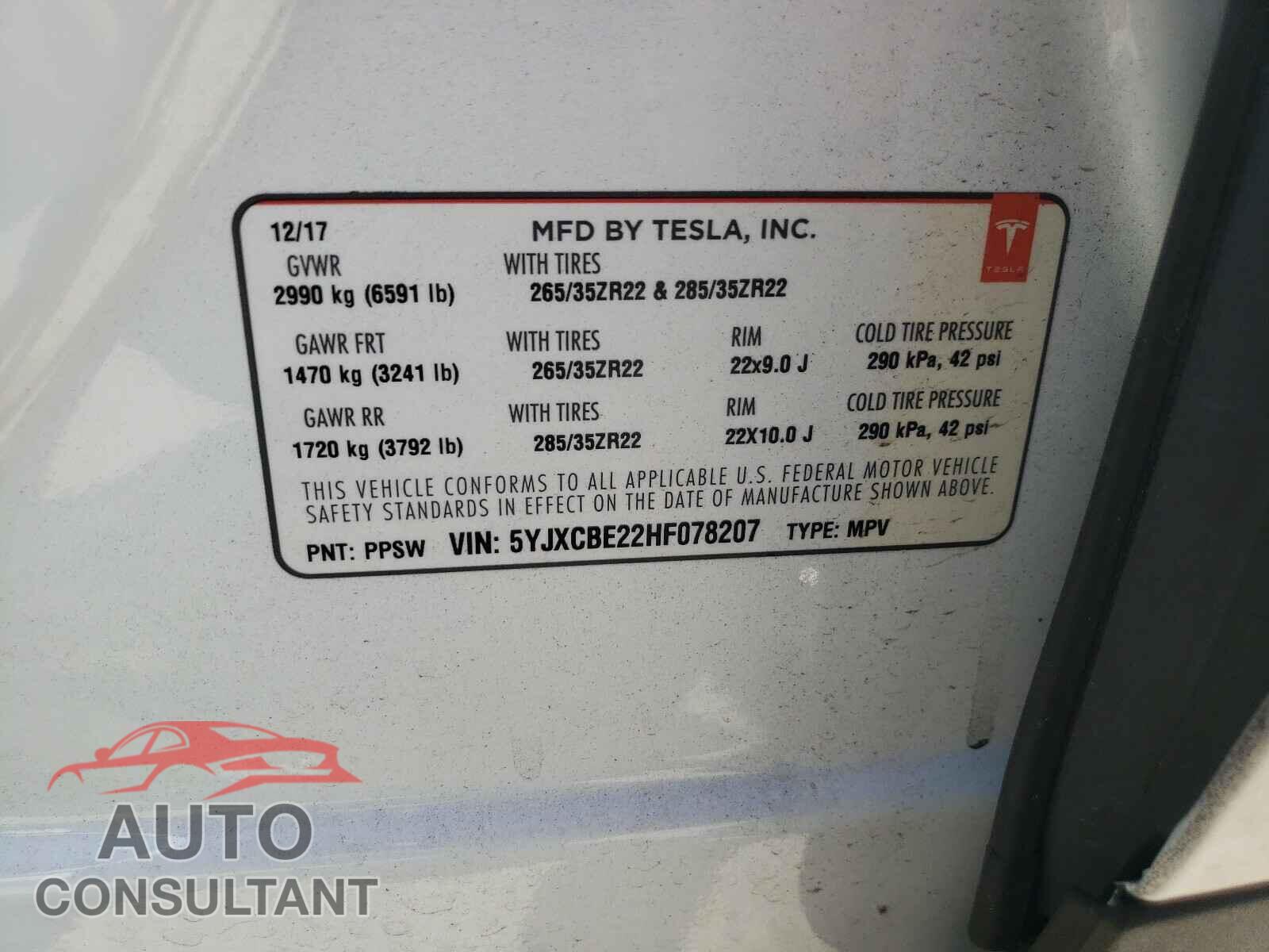 TESLA MODEL X 2017 - 5YJXCBE22HF078207