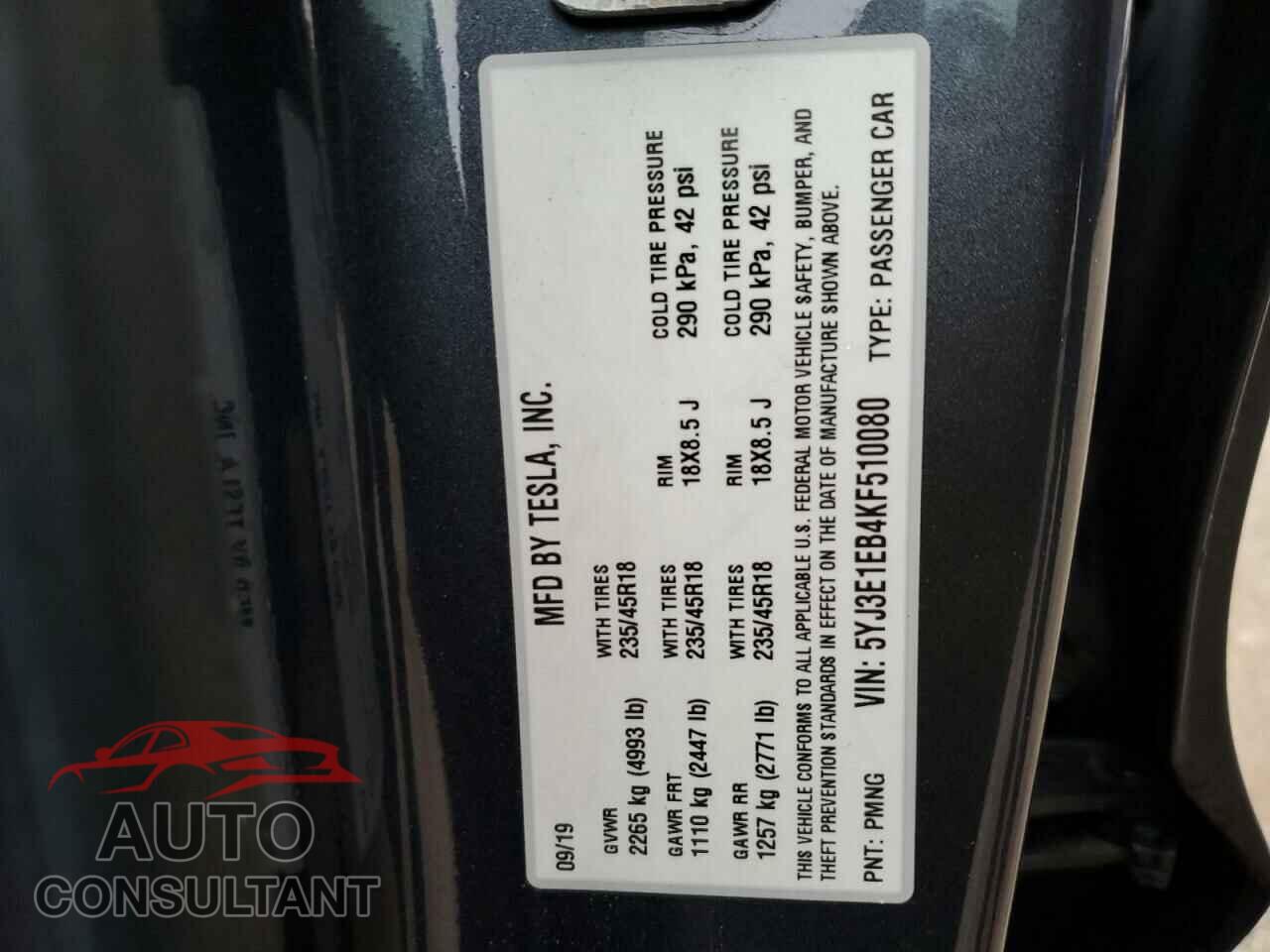TESLA MODEL 3 2019 - 5YJ3E1EB4KF510080