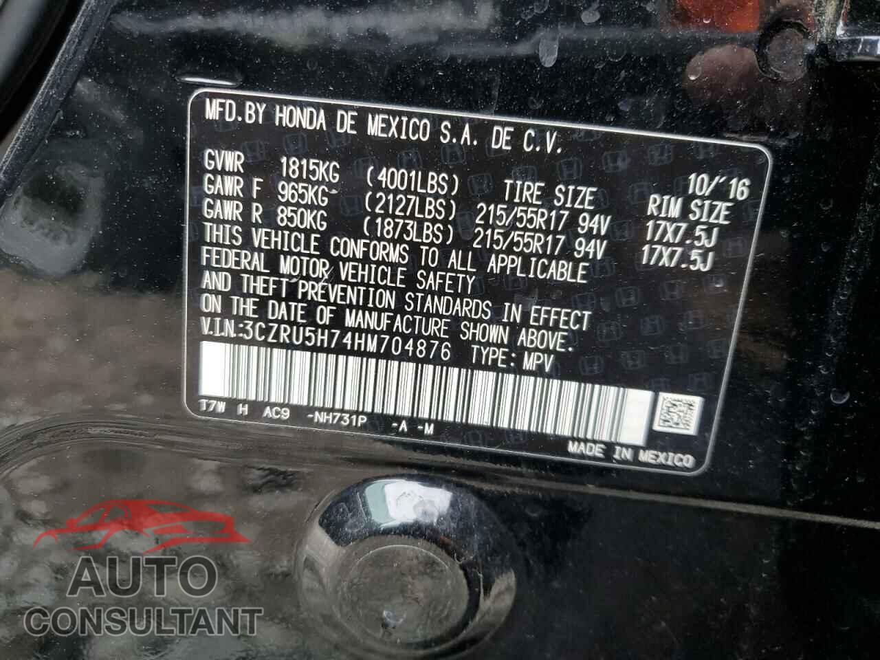 HONDA HR-V 2017 - 3CZRU5H74HM704876