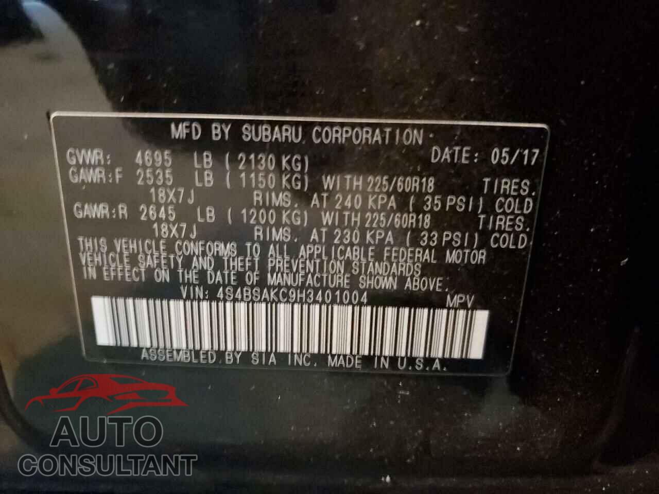 SUBARU OUTBACK 2017 - 4S4BSAKC9H3401004