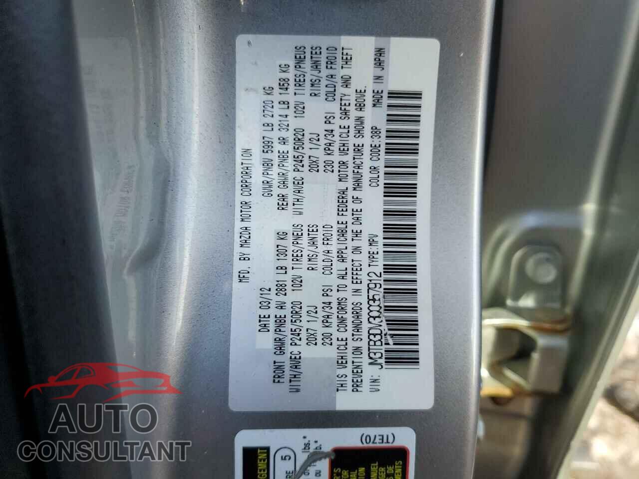 MAZDA CX-9 2012 - JM3TB3DV3C0357912