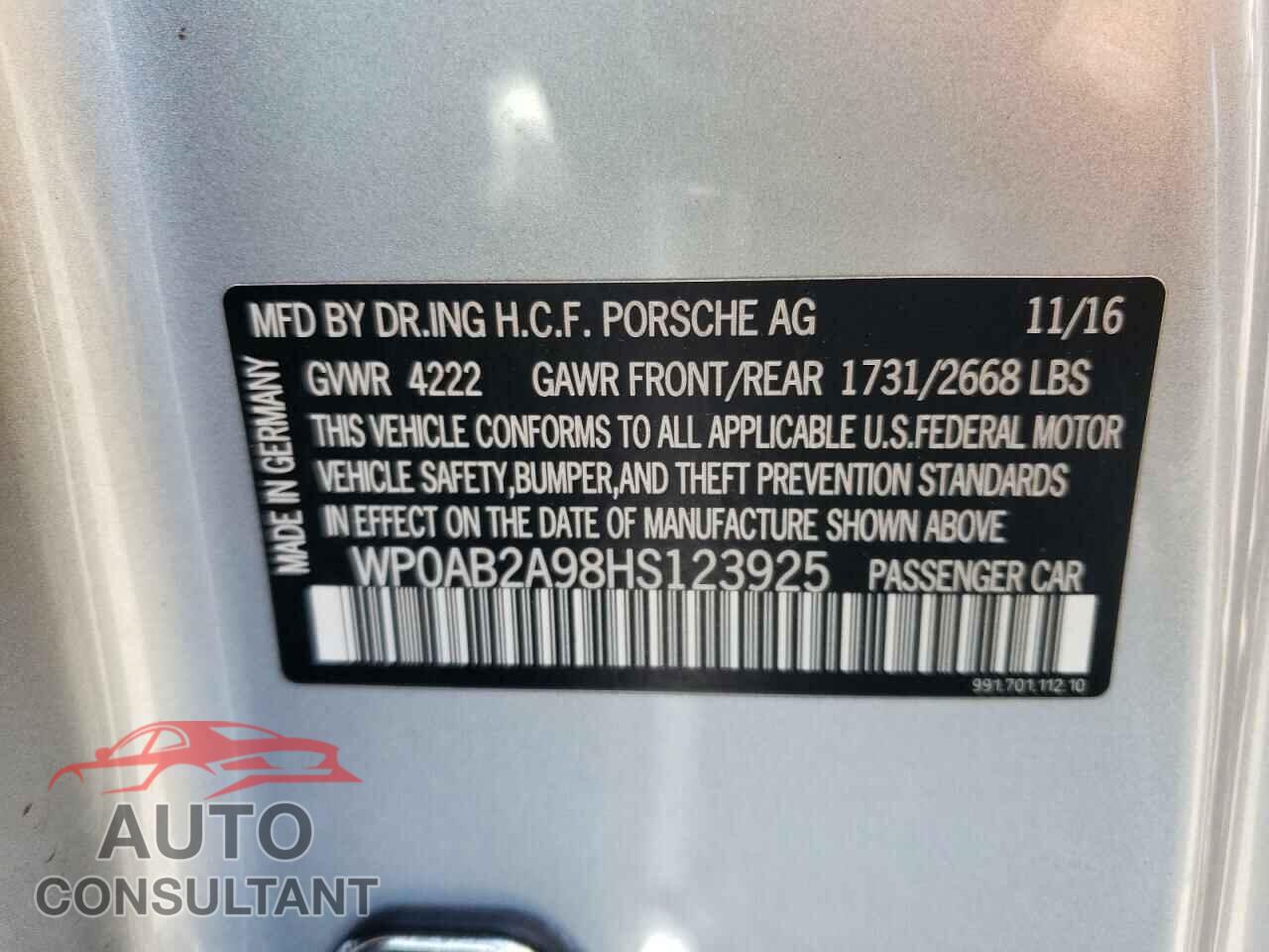 PORSCHE 911 2017 - WP0AB2A98HS123925