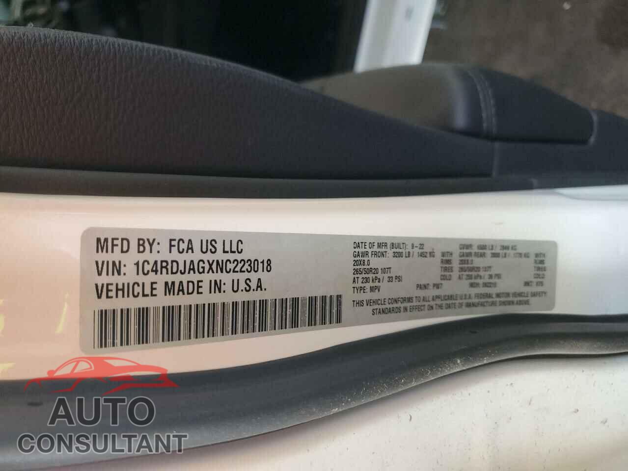 DODGE DURANGO 2022 - 1C4RDJAGXNC223018