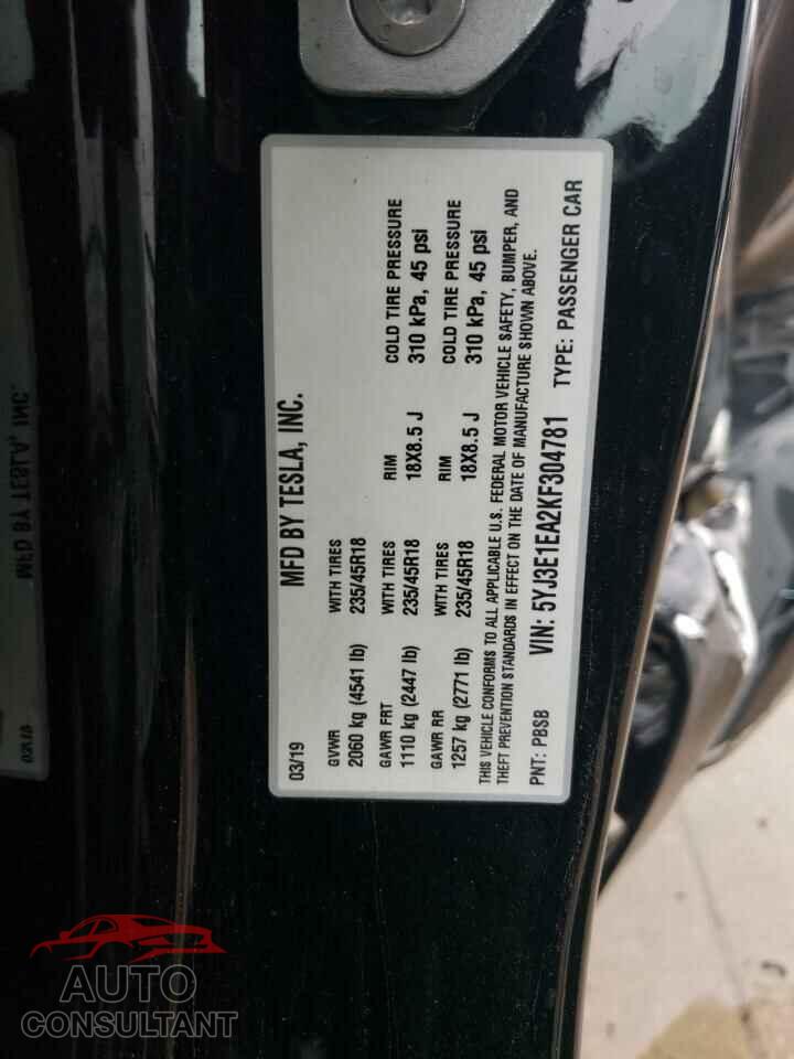 TESLA MODEL 3 2019 - 5YJ3E1EA2KF304781