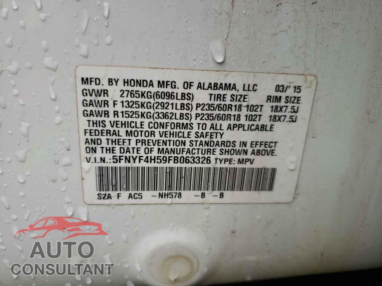 HONDA PILOT 2015 - 5FNYF4H59FB063326