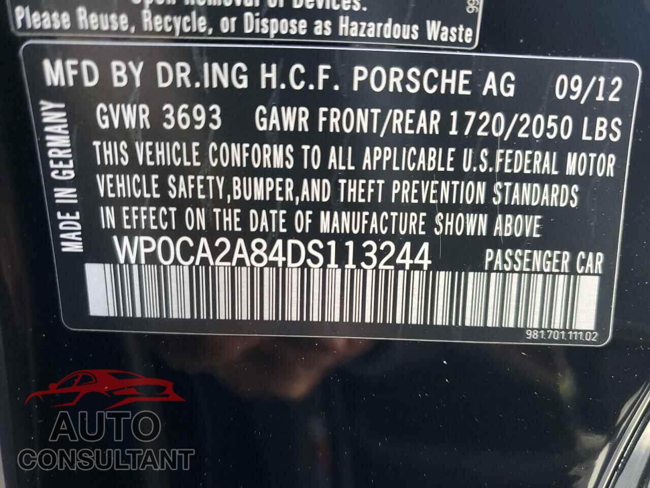 PORSCHE BOXSTER 2013 - WP0CA2A84DS113244
