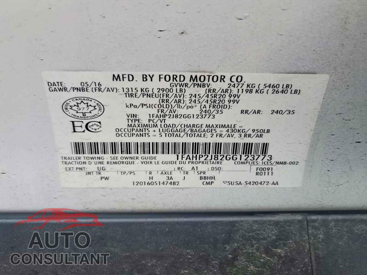 FORD TAURUS 2016 - 1FAHP2J82GG123773