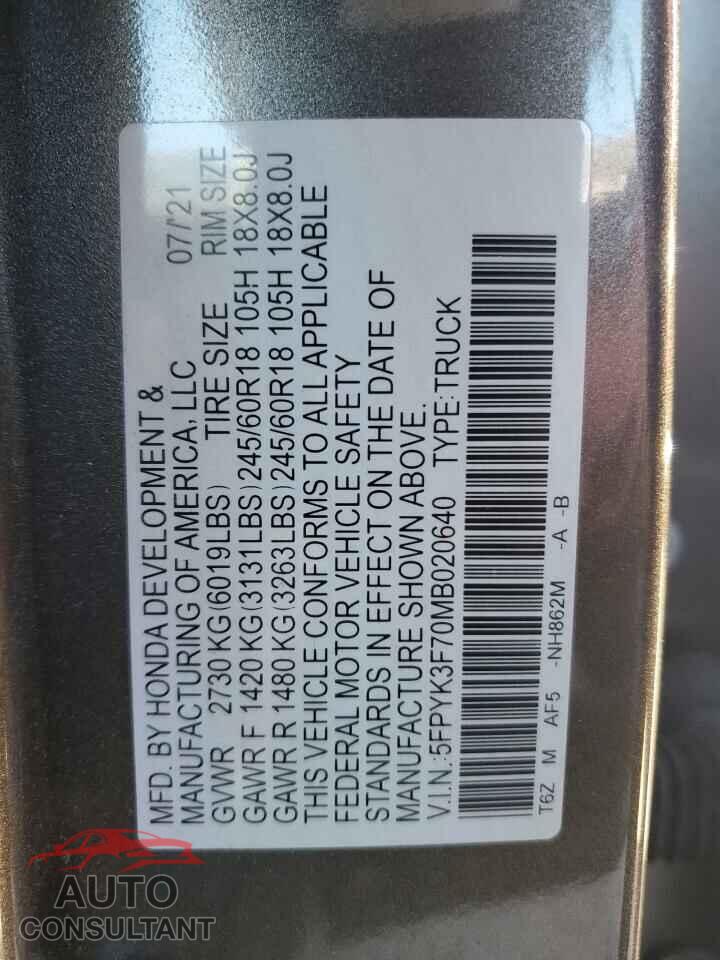 HONDA RIDGELINE 2021 - 5FPYK3F70MB020640