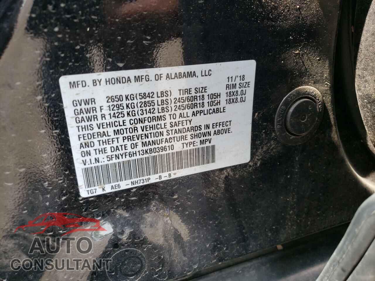 HONDA PILOT 2019 - 5FNYF6H13KB039610