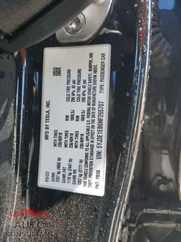 TESLA MODEL 3 2022 - 5YJ3E1EB6NF265707