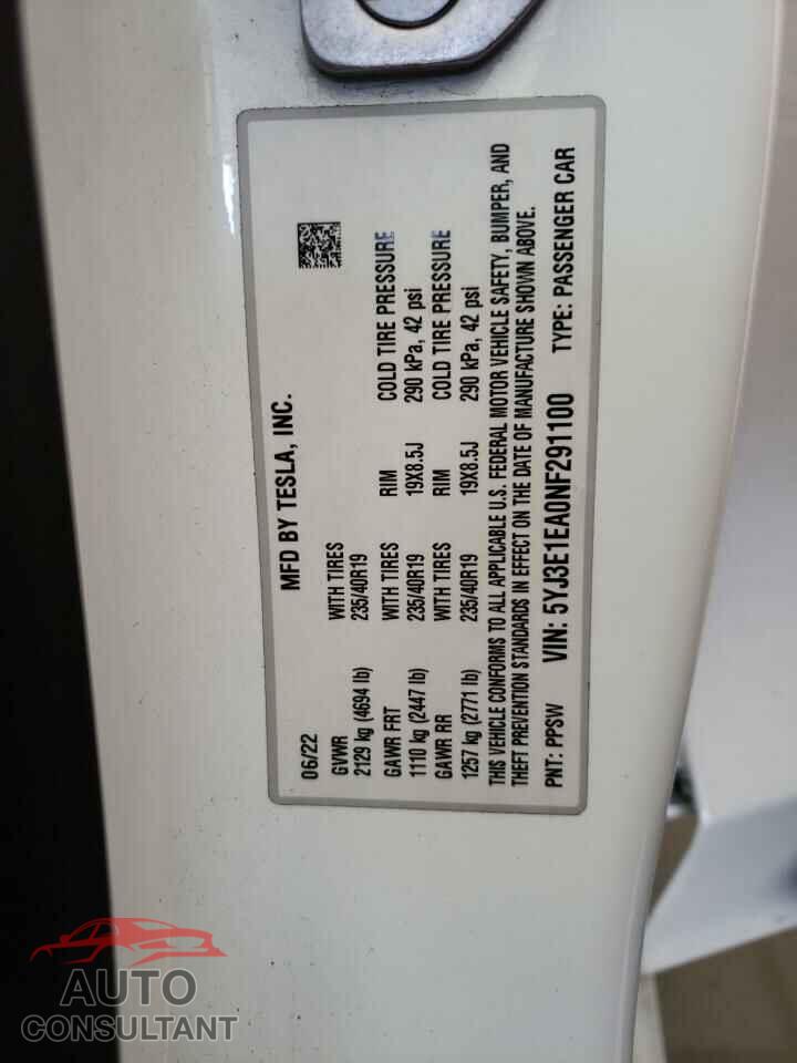 TESLA MODEL 3 2022 - 5YJ3E1EA0NF291100