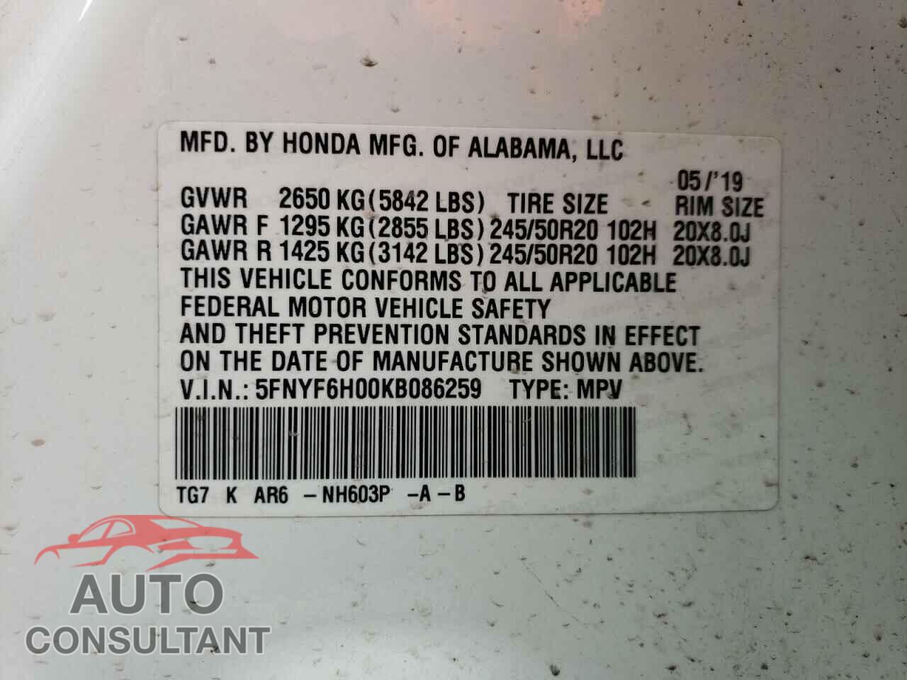 HONDA PILOT 2019 - 5FNYF6H00KB086259
