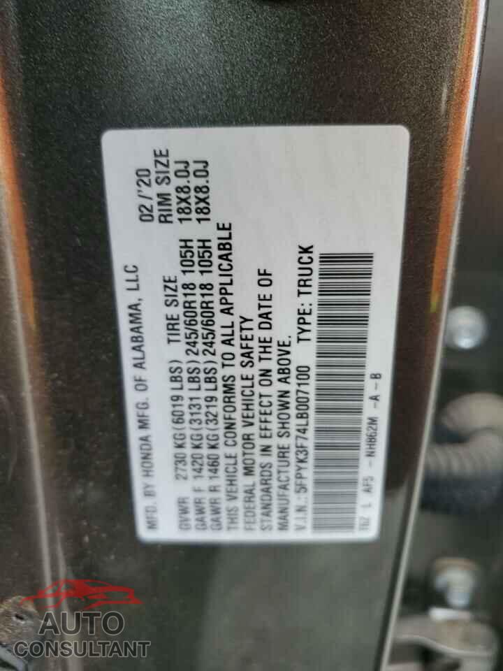 HONDA RIDGELINE 2020 - 5FPYK3F74LB007100