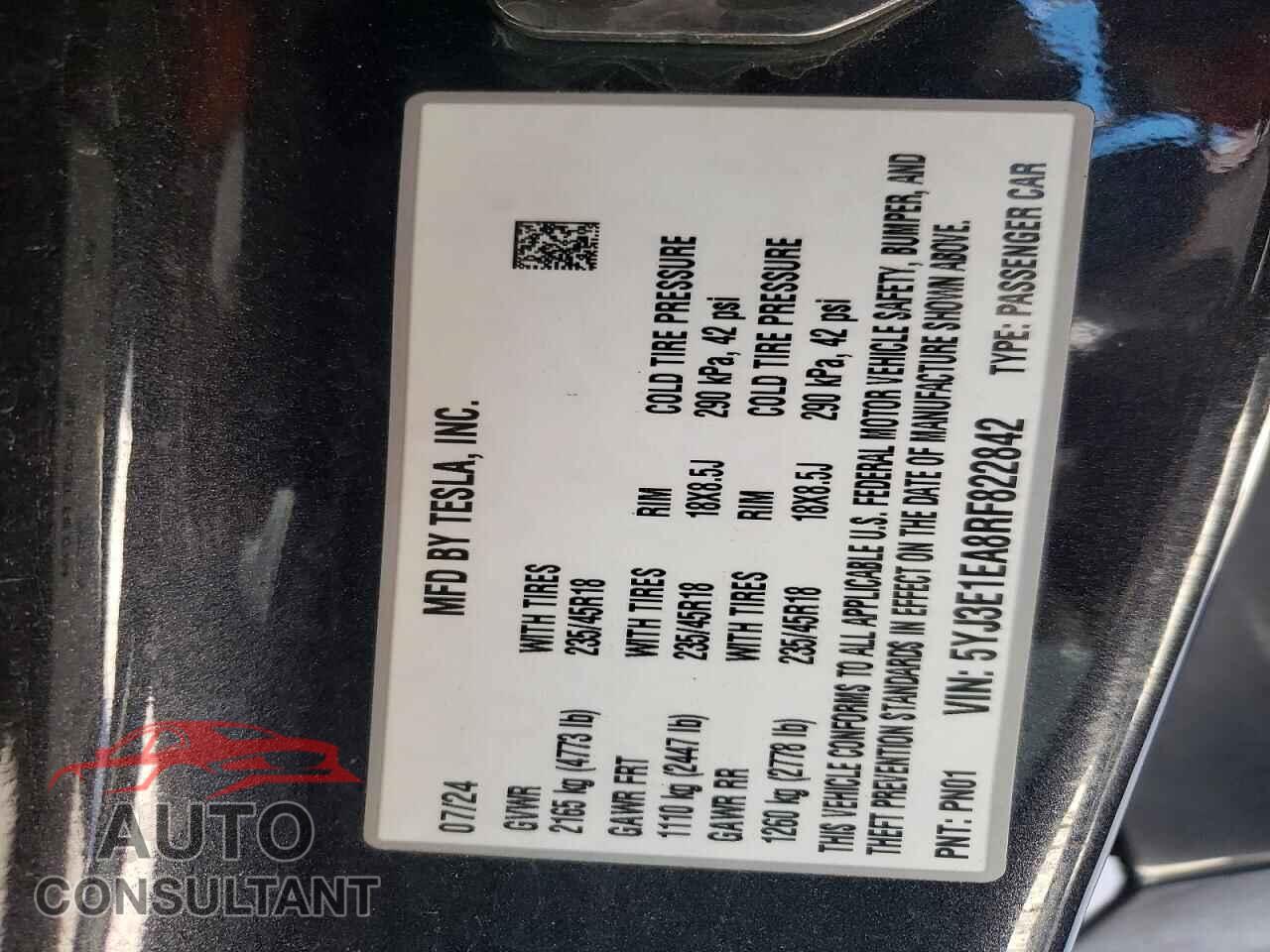 TESLA MODEL 3 2024 - 5YJ3E1EA8RF822842
