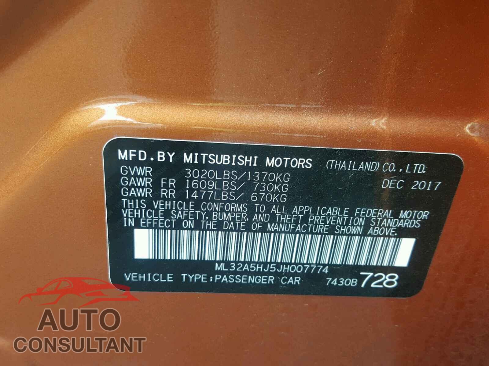 MITSUBISHI MIRAGE 2018 - ML32A5HJ5JH007774