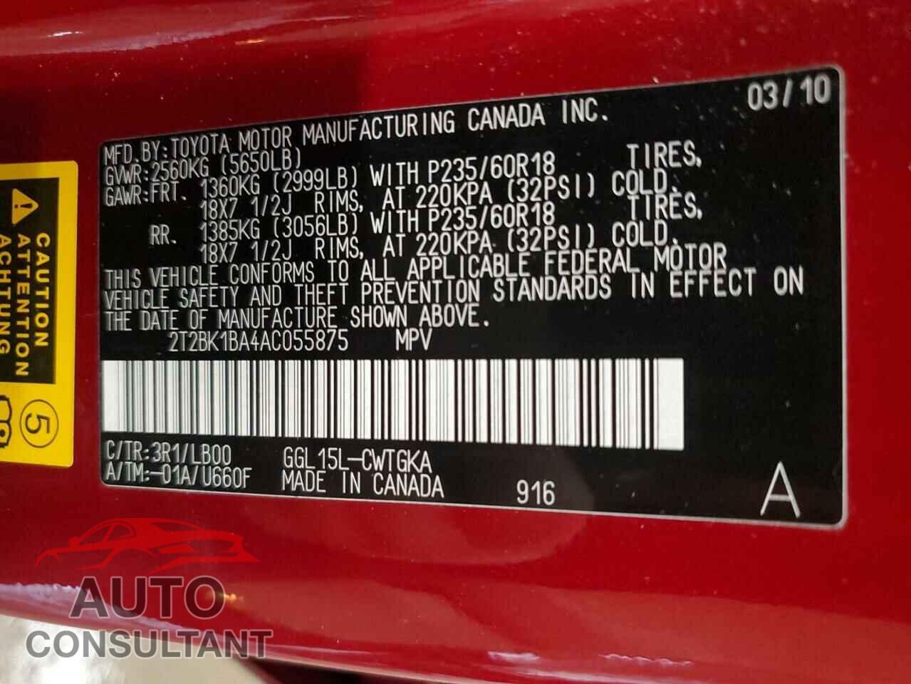 LEXUS RX350 2010 - 2T2BK1BA4AC055875
