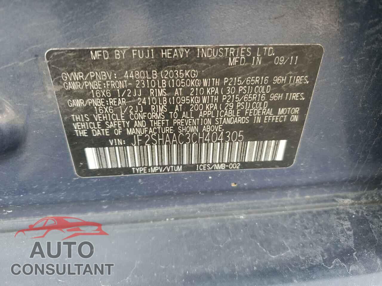 SUBARU FORESTER 2012 - JF2SHAAC3CH404305