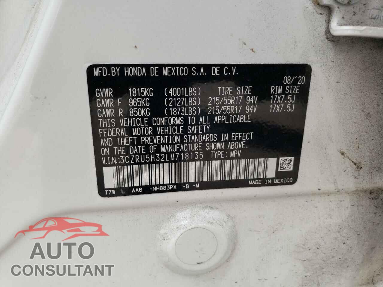 HONDA HR-V 2020 - 3CZRU5H32LM718135