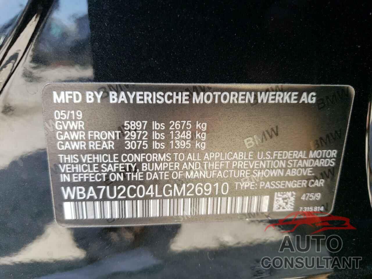 BMW 7 SERIES 2020 - WBA7U2C04LGM26910