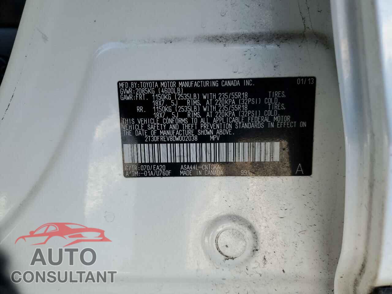 TOYOTA RAV4 2013 - 2T3DFREV8DW002038