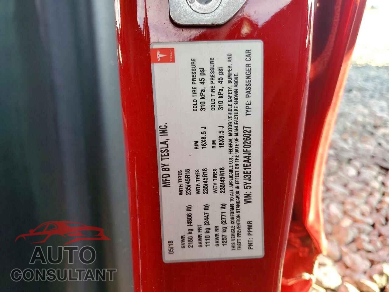 TESLA MODEL 3 2018 - 5YJ3E1EA4JF026027
