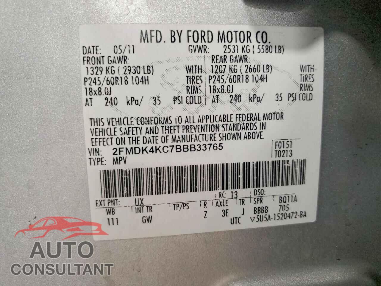 FORD EDGE 2011 - 2FMDK4KC7BBB33765