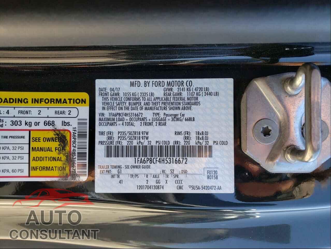 FORD MUSTANG 2017 - 1FA6P8CF4H5316672
