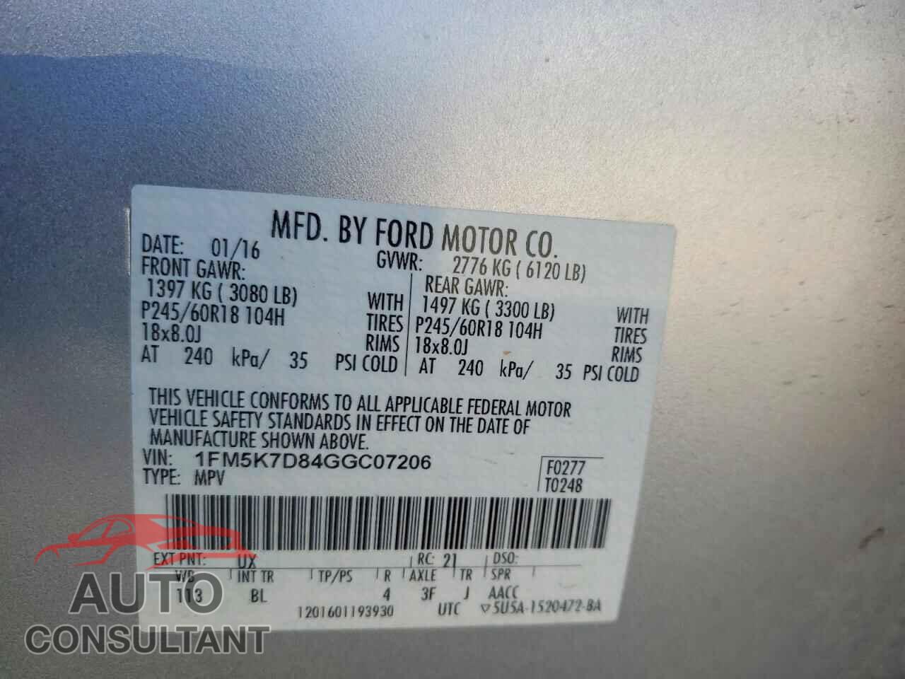FORD EXPLORER 2016 - 1FM5K7D84GGC07206