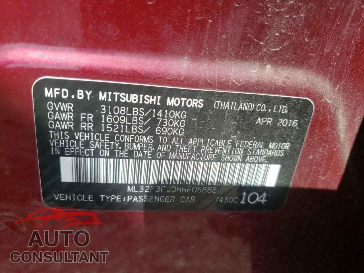 MITSUBISHI MIRAGE 2017 - ML32F3FJ0HHF05886