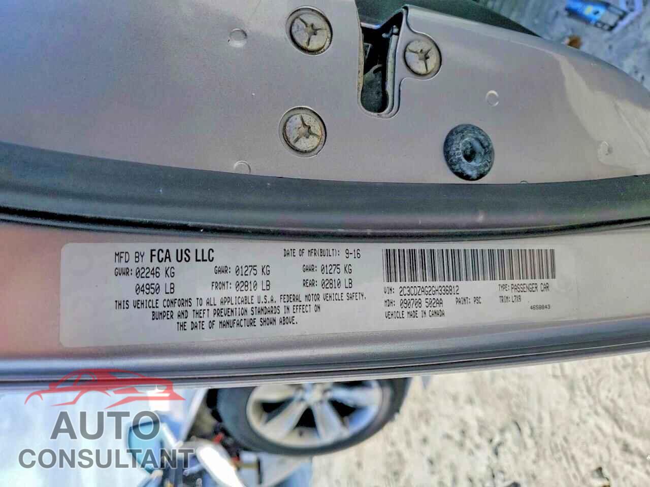 DODGE CHALLENGER 2016 - 2C3CDZAG2GH336812