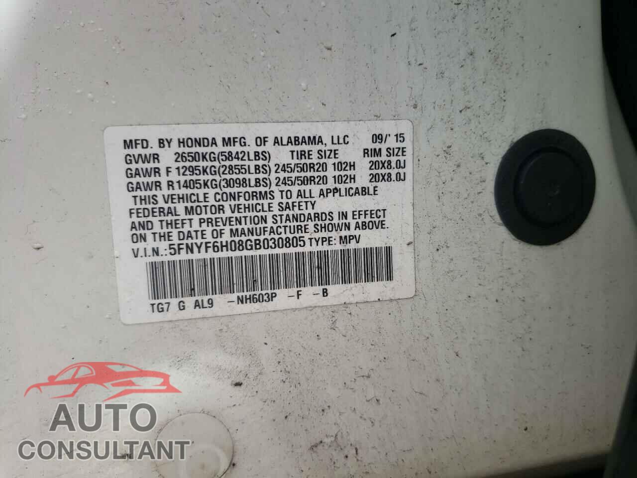 HONDA PILOT 2016 - 5FNYF6H08GB030805