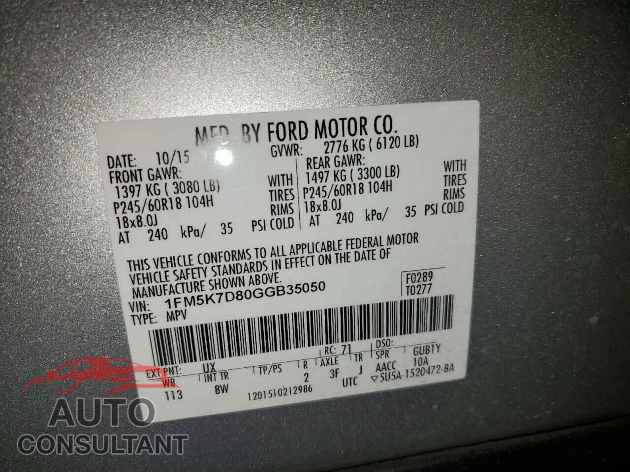 FORD EXPLORER 2016 - 1FM5K7D80GGB35050