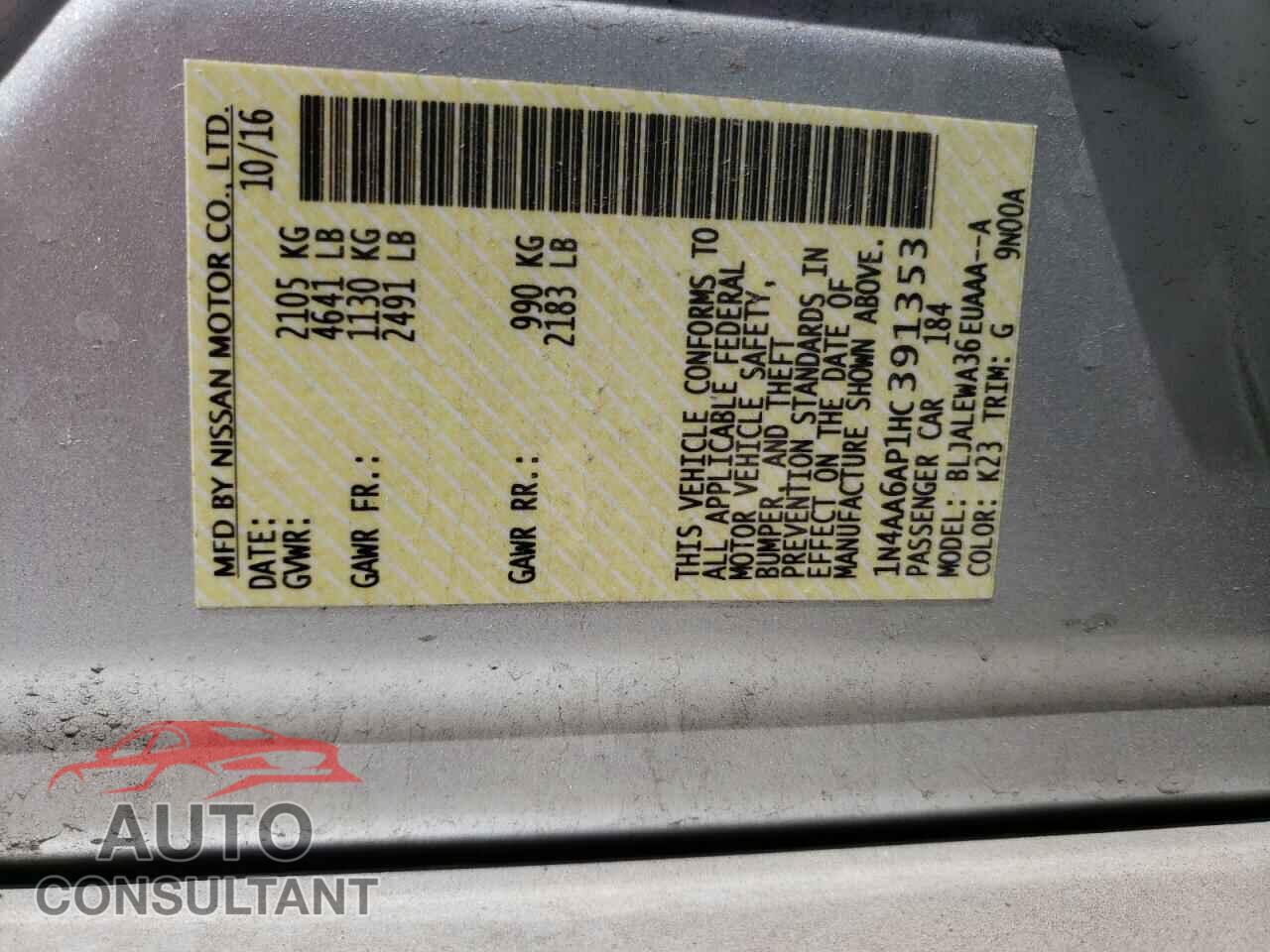 NISSAN MAXIMA 2017 - 1N4AA6AP1HC391353