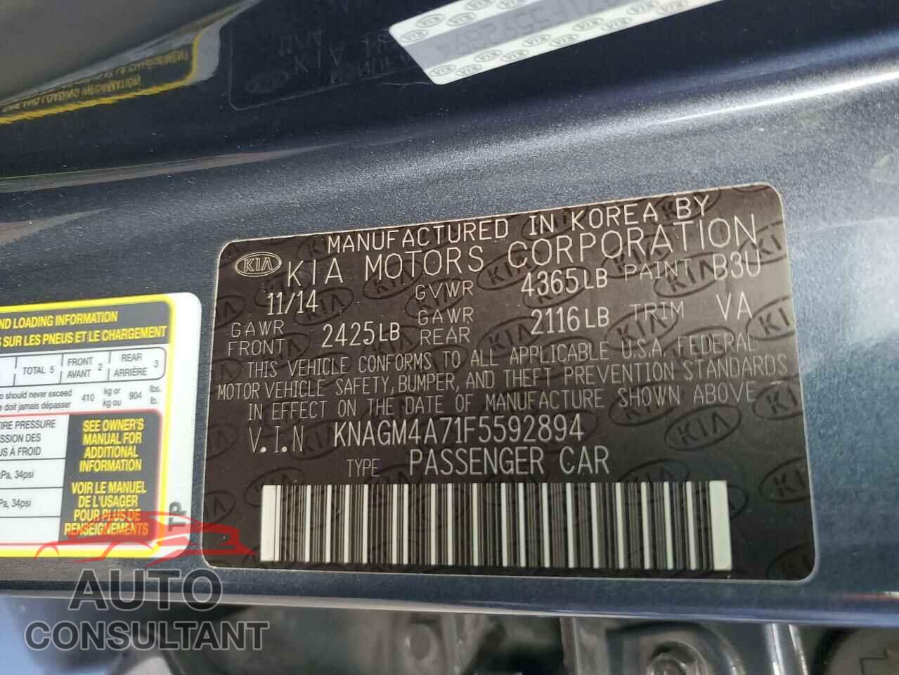 KIA OPTIMA 2015 - KNAGM4A71F5592894