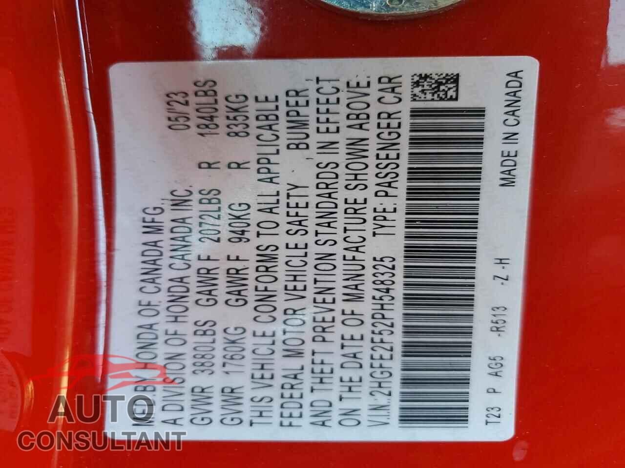 HONDA CIVIC 2023 - 2HGFE2F52PH548325