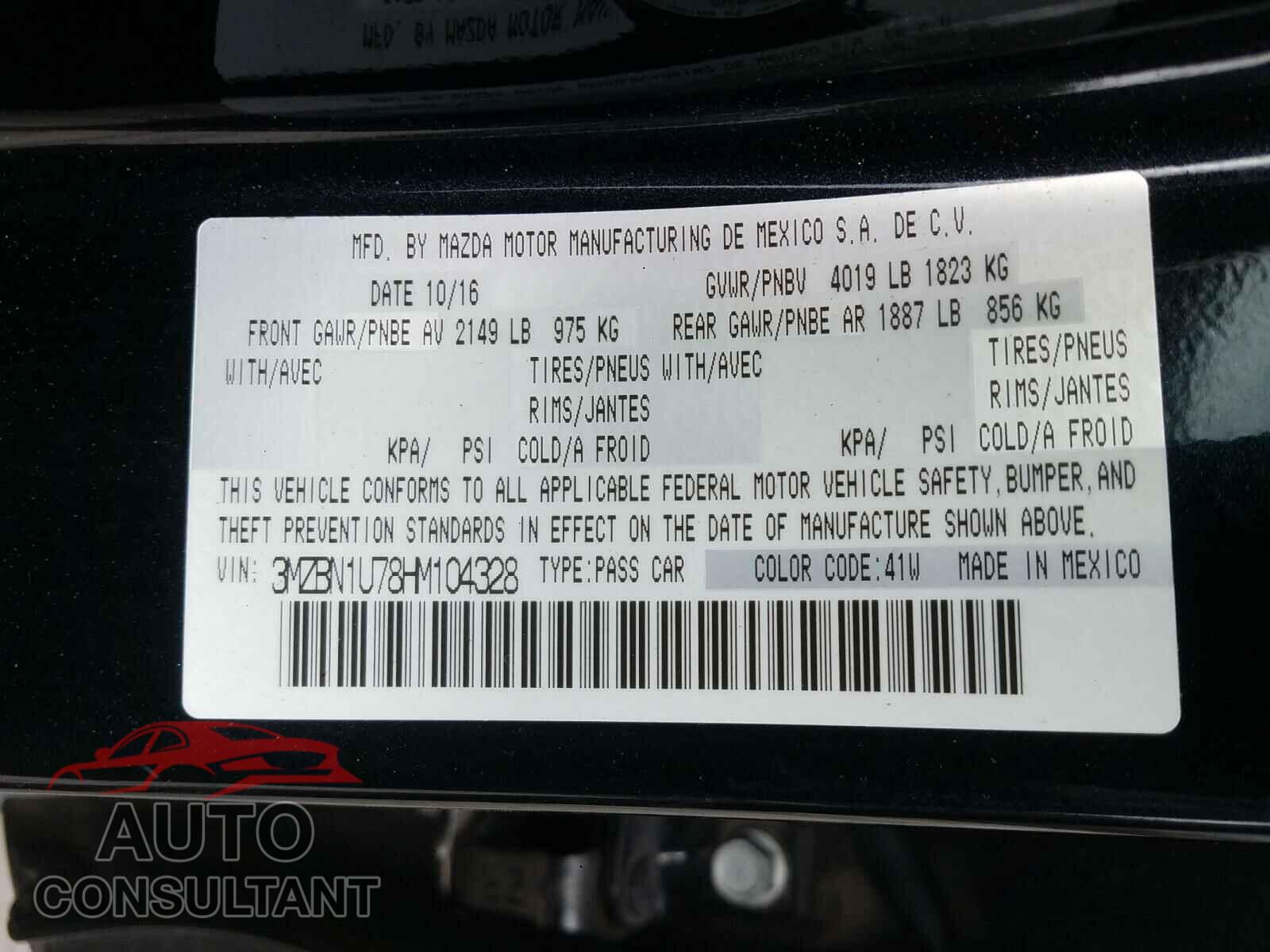 MAZDA 3 2017 - 3MZBN1U78HM104328