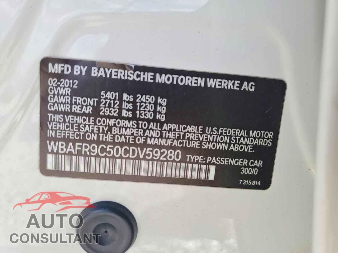BMW 5 SERIES 2012 - WBAFR9C50CDV59280