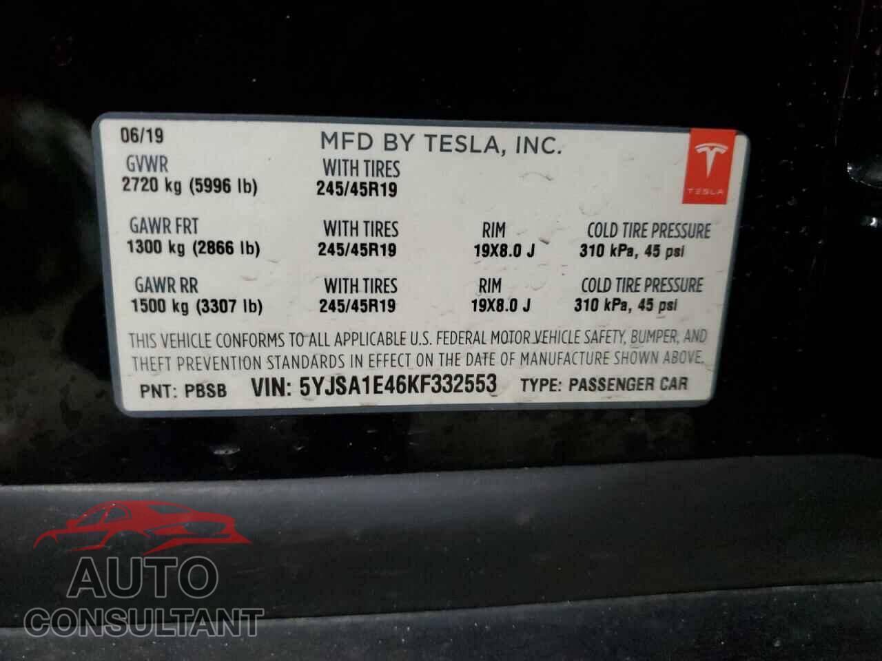 TESLA MODEL S 2019 - 5YJSA1E46KF332553