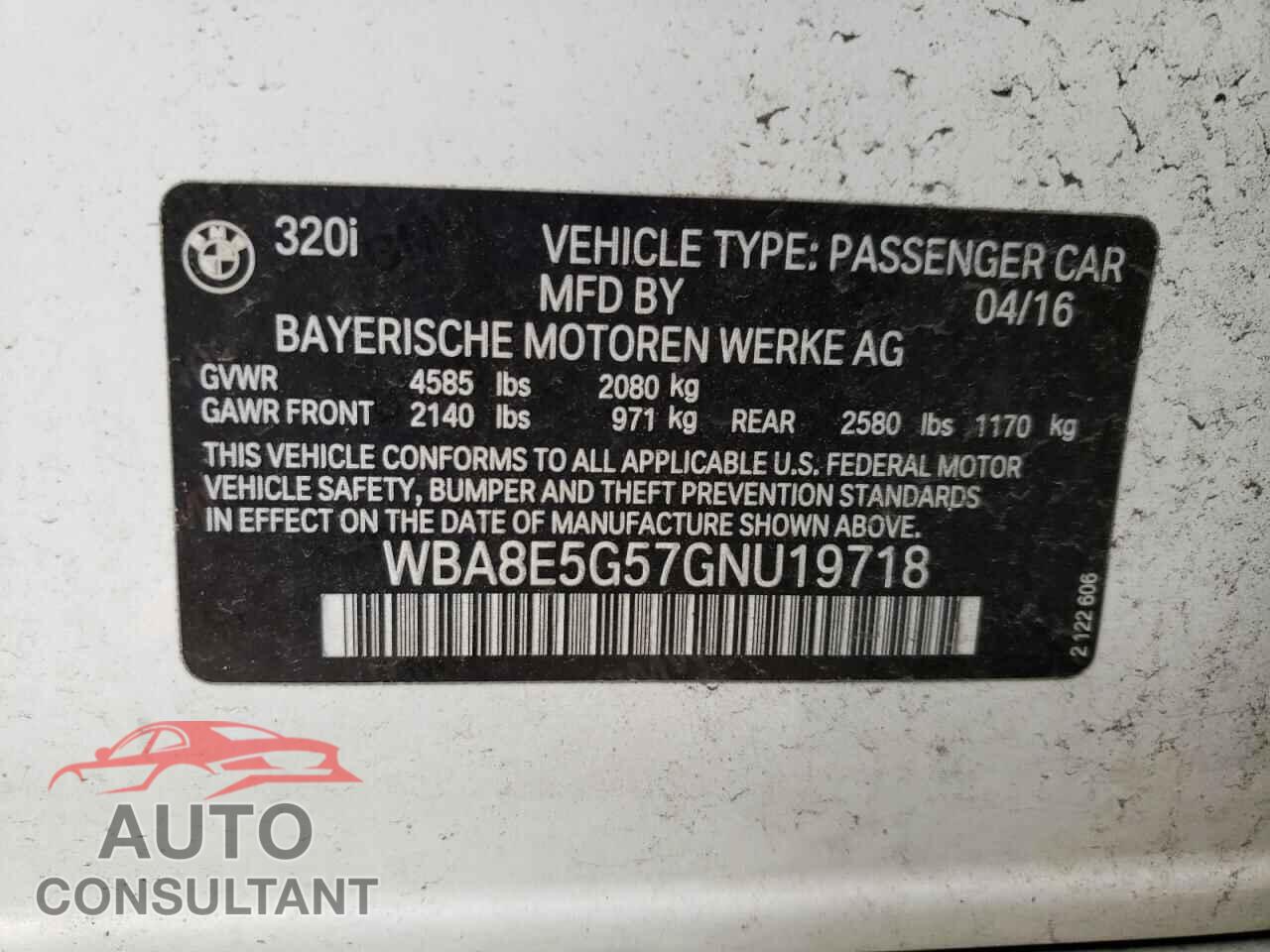 BMW 3 SERIES 2016 - WBA8E5G57GNU19718