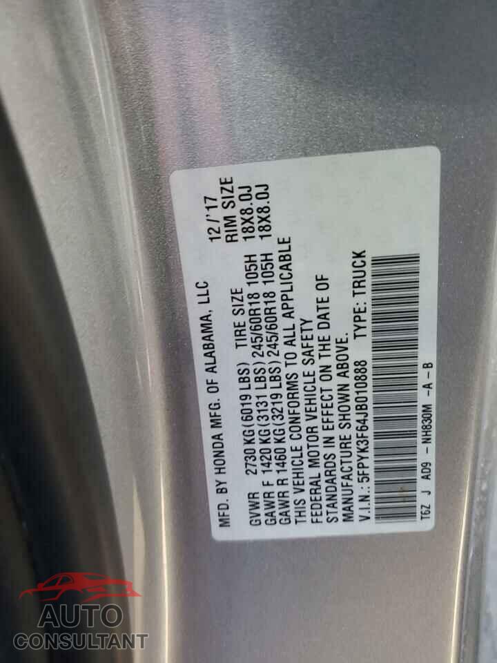 HONDA RIDGELINE 2018 - 5FPYK3F64JB010888