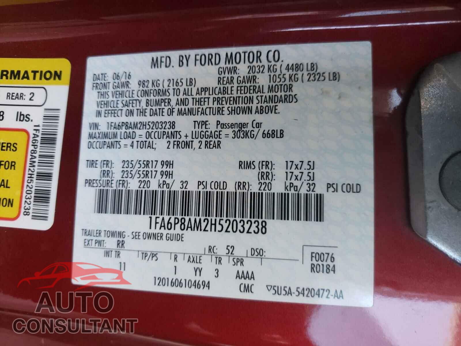 FORD MUSTANG 2017 - 1FA6P8AM2H5203238