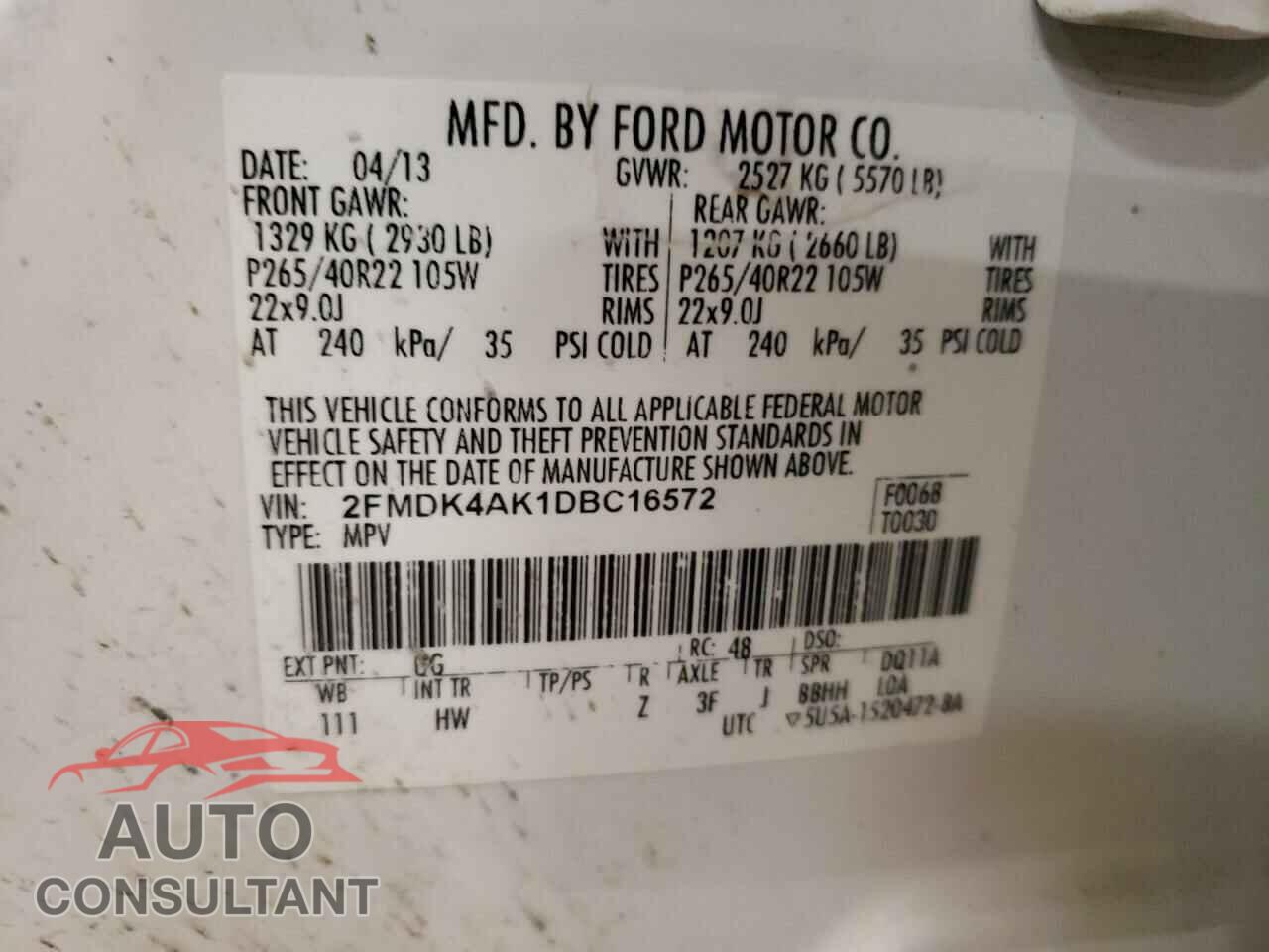 FORD EDGE 2013 - 2FMDK4AK1DBC16572