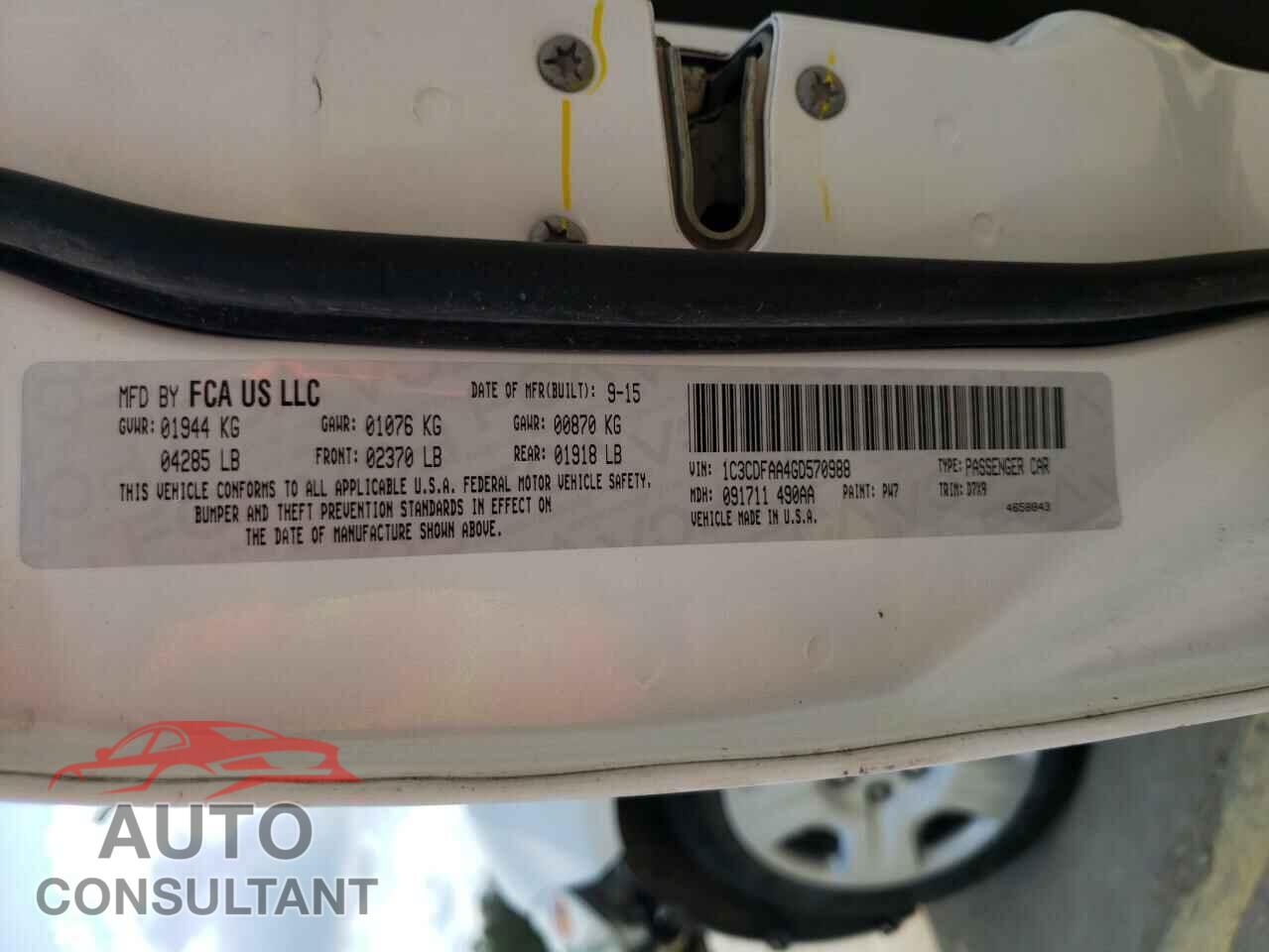 DODGE DART 2016 - 1C3CDFAA4GD570988