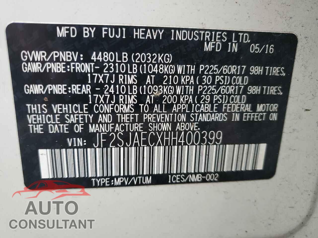 SUBARU FORESTER 2017 - JF2SJAECXHH400399