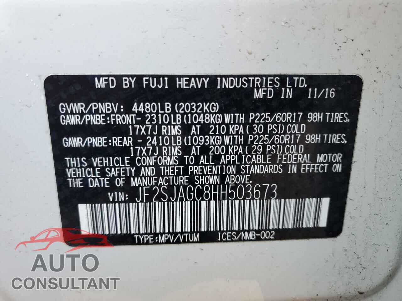 SUBARU FORESTER 2017 - JF2SJAGC8HH503673
