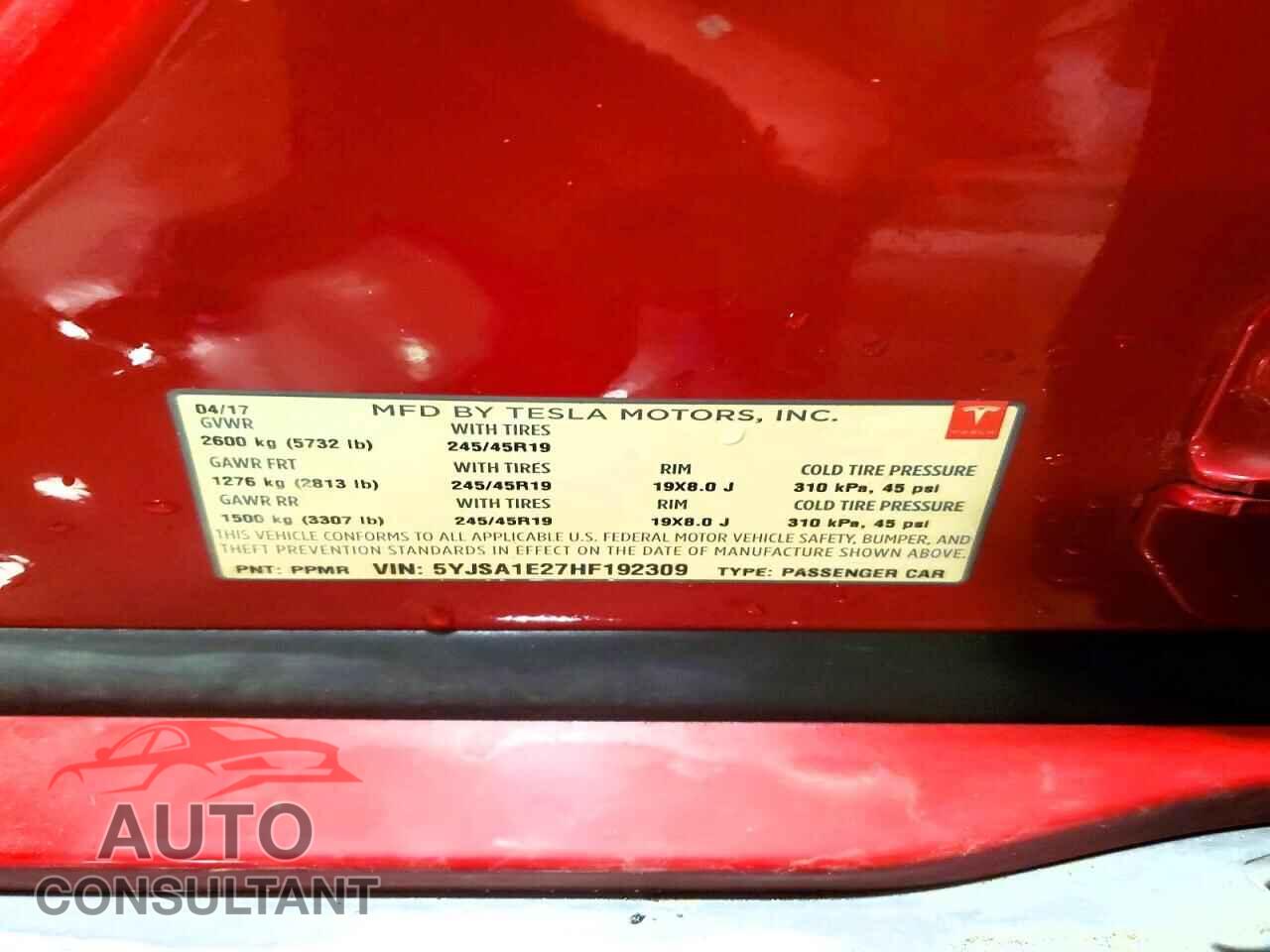 TESLA MODEL S 2017 - 5YJSA1E27HF192309
