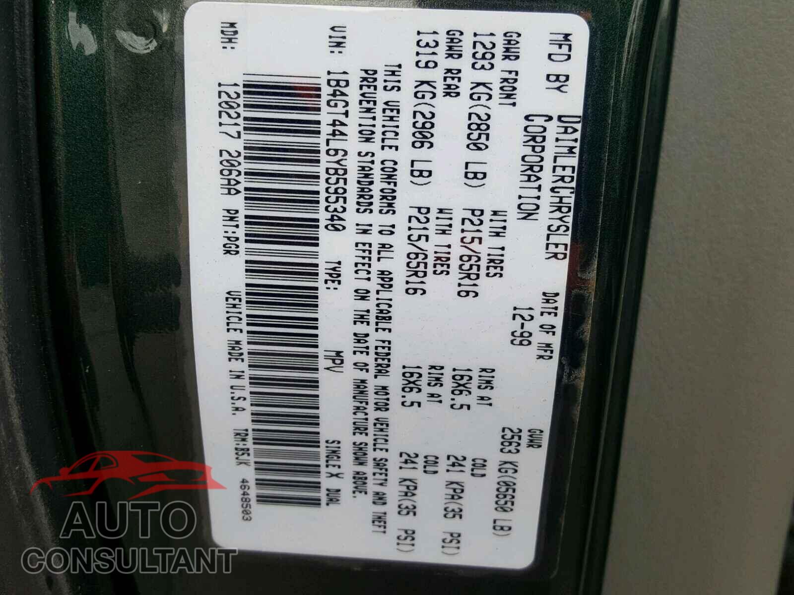 DODGE CARAVAN 2000 - 1B4GT44L6YB595340