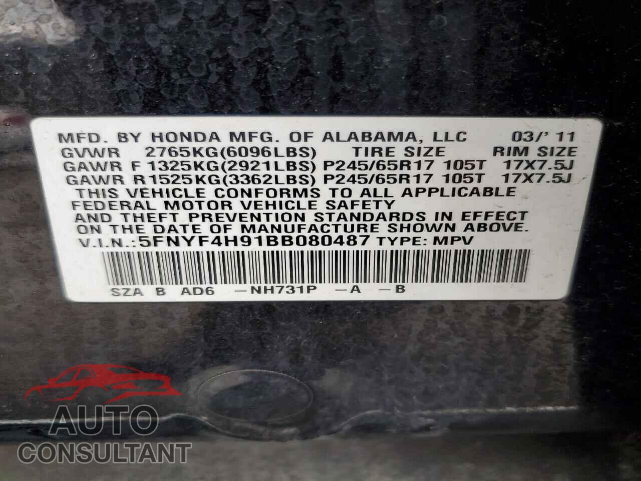 HONDA PILOT 2011 - 5FNYF4H91BB080487