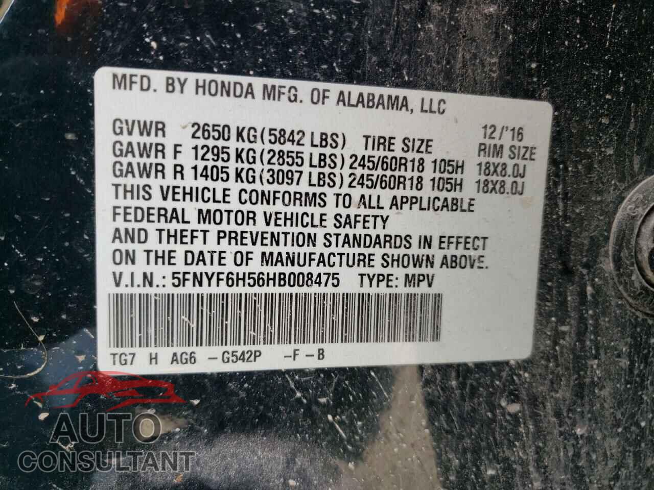 HONDA PILOT 2017 - 5FNYF6H56HB008475